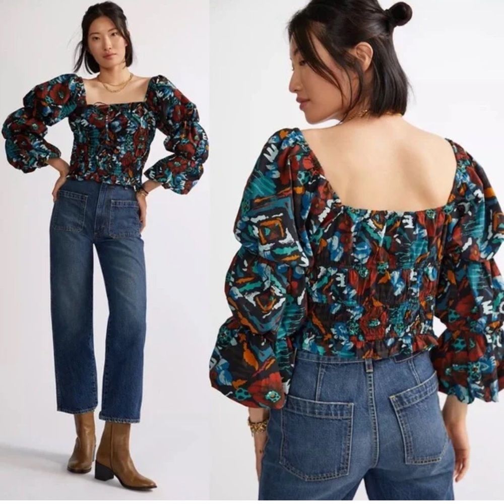 Anthropologie Brown and Blue Puff Sleeve Blouse